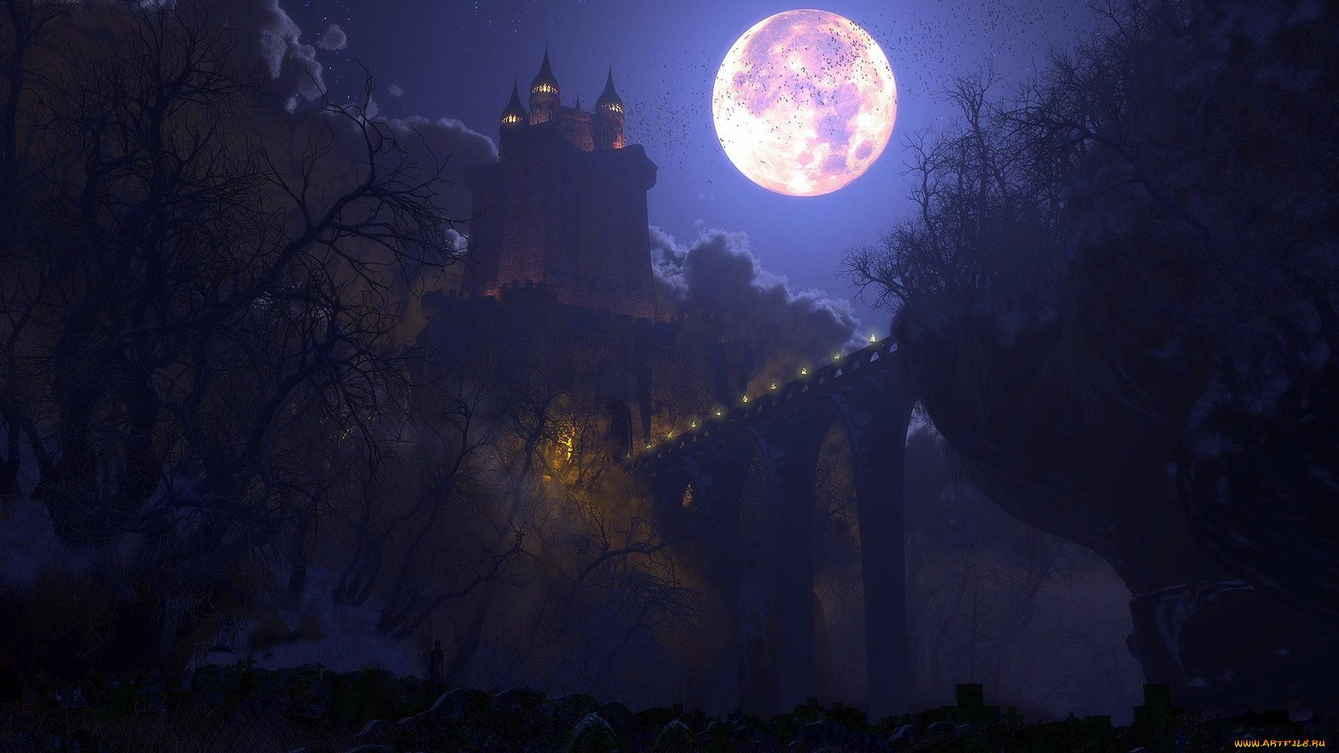 Замок Дракулы ночью